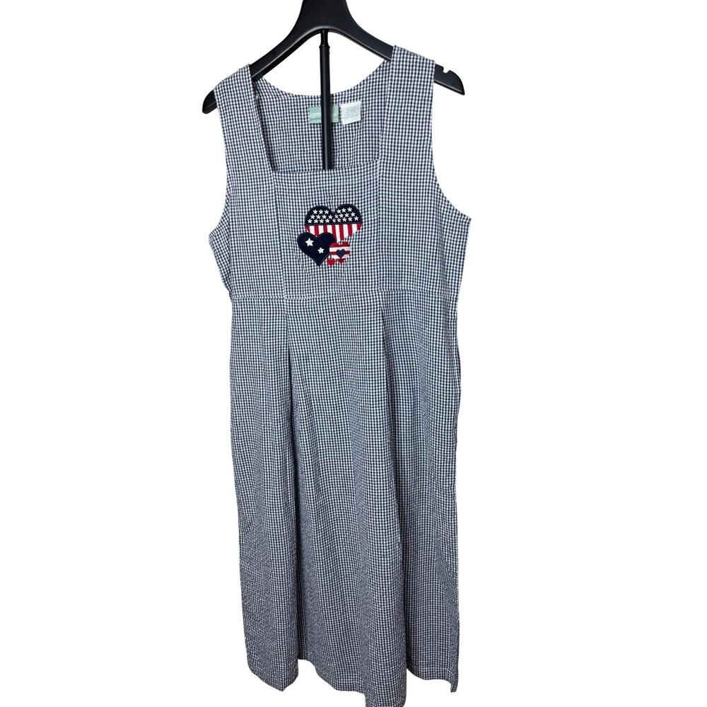 220 Hickory Vintage Gingham Patriotic Heart Maxi Dress Blue White Cotton‎ Medium
